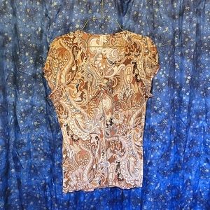 🍂3/$10 Susan Lawrence Petite - Brown Paisley, Stretchy V-neck Blouse